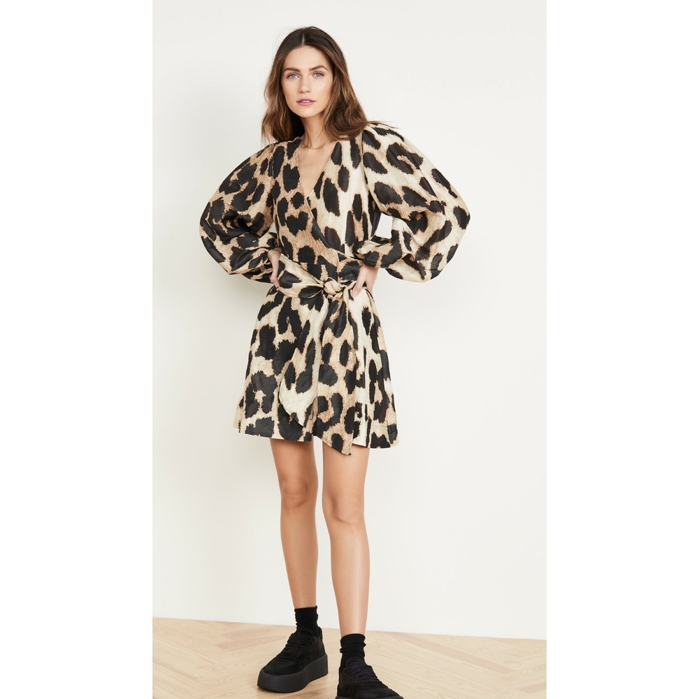 GANNI Silk Linen Leopard Print Mini Wrap Dress Balloon Sleeve NWT EU40 US8 $475